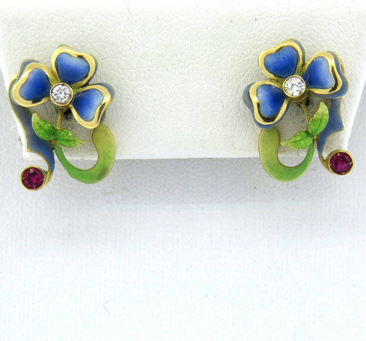 Adorable Plique A Jour Ruby Diamond Gold Flower Earrings In Excellent Condition In Lambertville, NJ