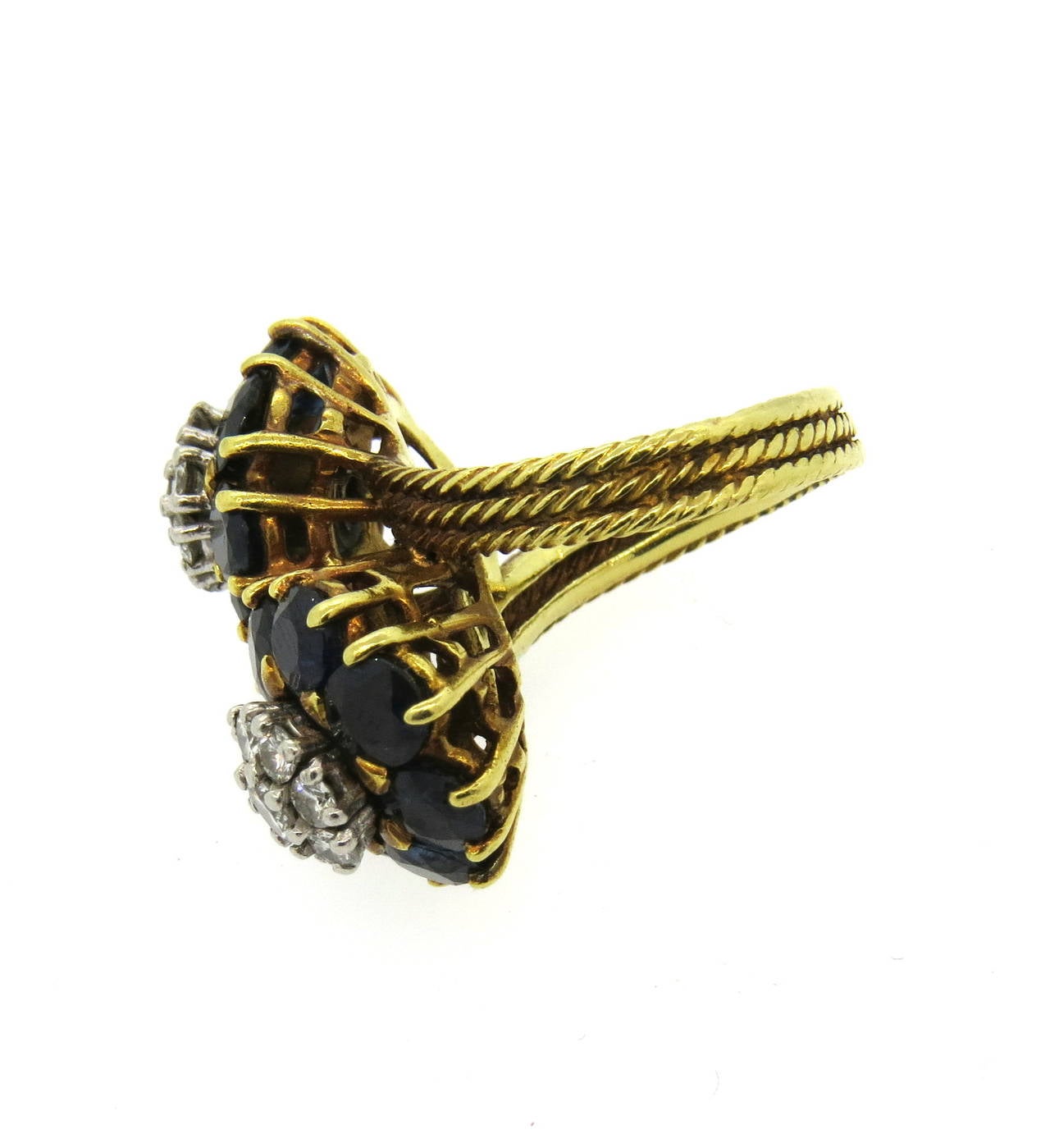Diamond Sapphire Gold Flower Bypass Ring
