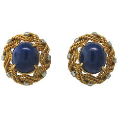 Classic 1960s Gold Lapis Diamond Earrings