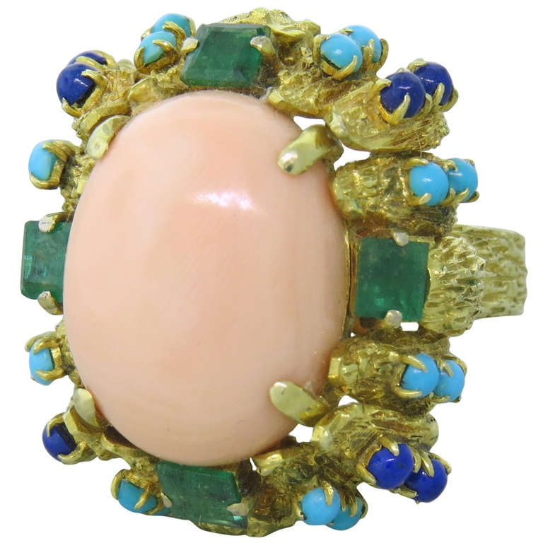 1970s Gold Coral Emerald Lapis Turquoise Cocktail Ring