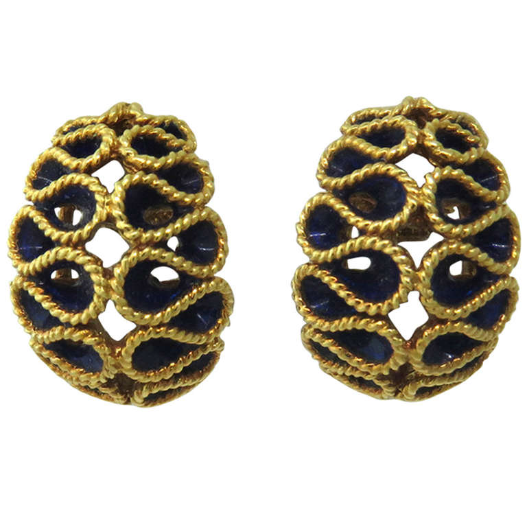 1960s Gold Blue Enamel Earrings