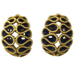 1960s Gold Blue Enamel Earrings