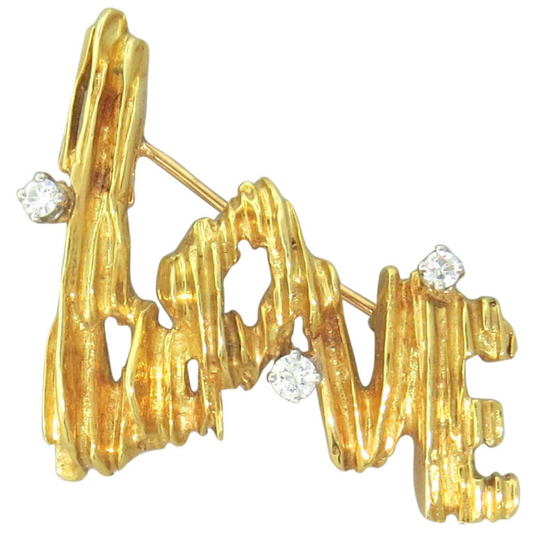 1970s Peter Lindeman Gold Platinum Diamond "Love" Brooch