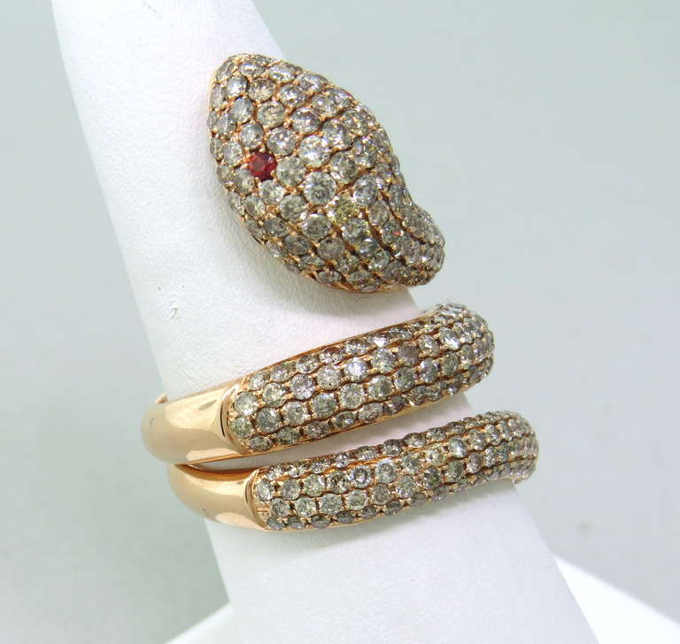 Modern Gold Fancy Diamond Ruby Snake Ring In Excellent Condition In Lambertville, NJ