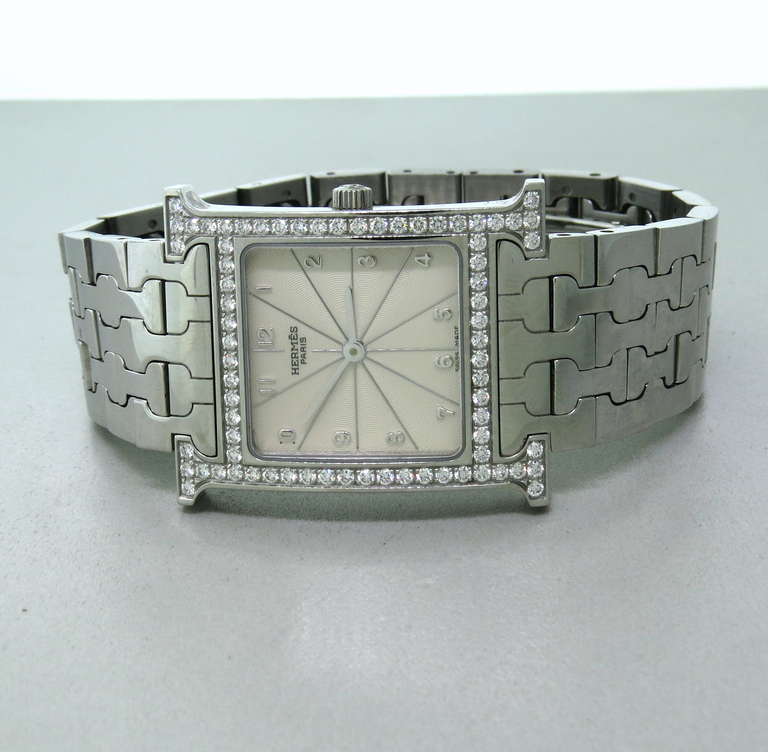 Hermes Lady's Stainless Steel and Diamond H Hour Wristwatch with Bracelet 1