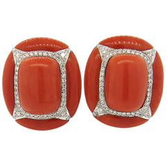 Large Coral Diamond Gold Earrings