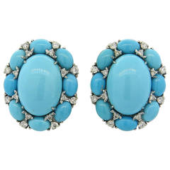 Large Turquoise Diamond Gold Earrings