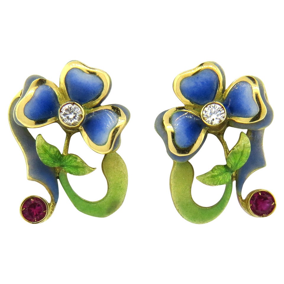 Adorable Plique A Jour Ruby Diamond Gold Flower Earrings