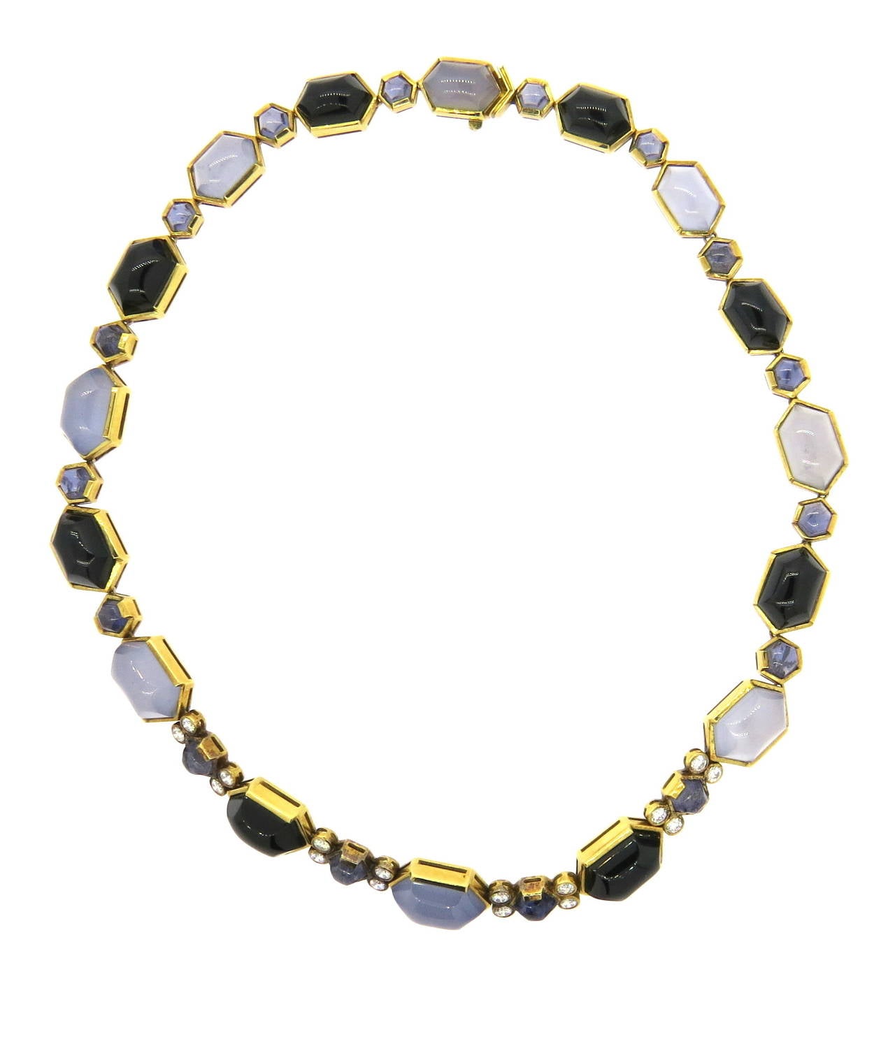 Fine Gold Onyx Iolite Chalcedony Diamond Necklace In Excellent Condition In Lambertville, NJ
