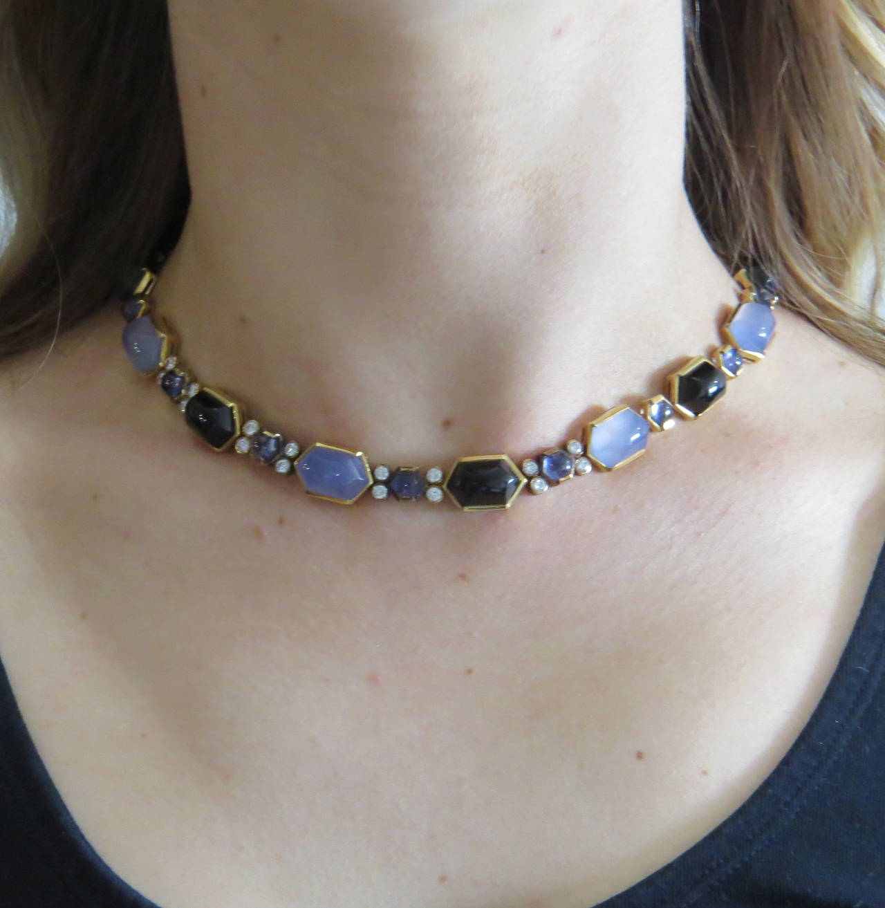 Women's Fine Gold Onyx Iolite Chalcedony Diamond Necklace