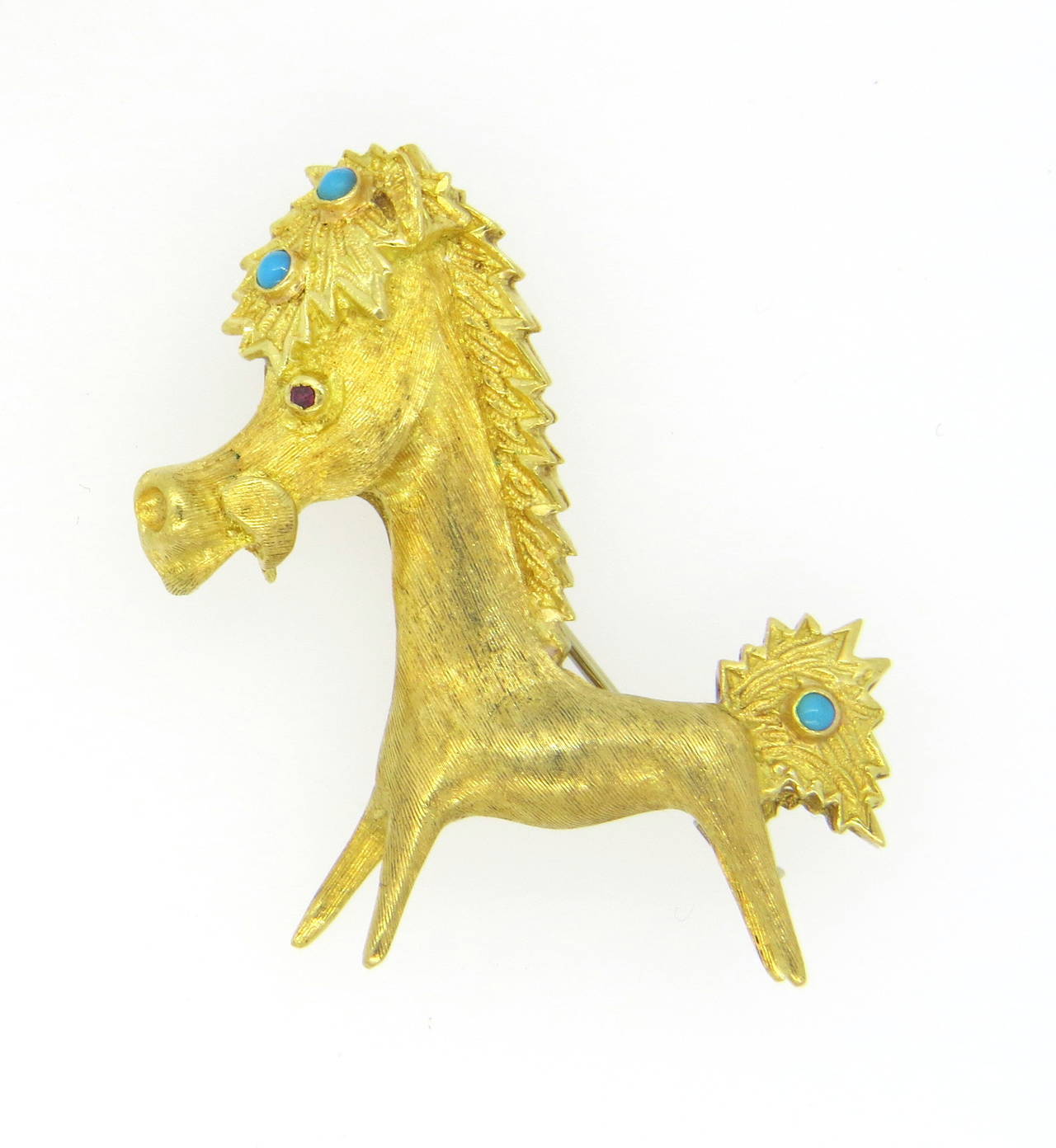 Whimsical Italian Ruby Turquoise Gold Donkey Brooch Pin In Excellent Condition In Lambertville, NJ