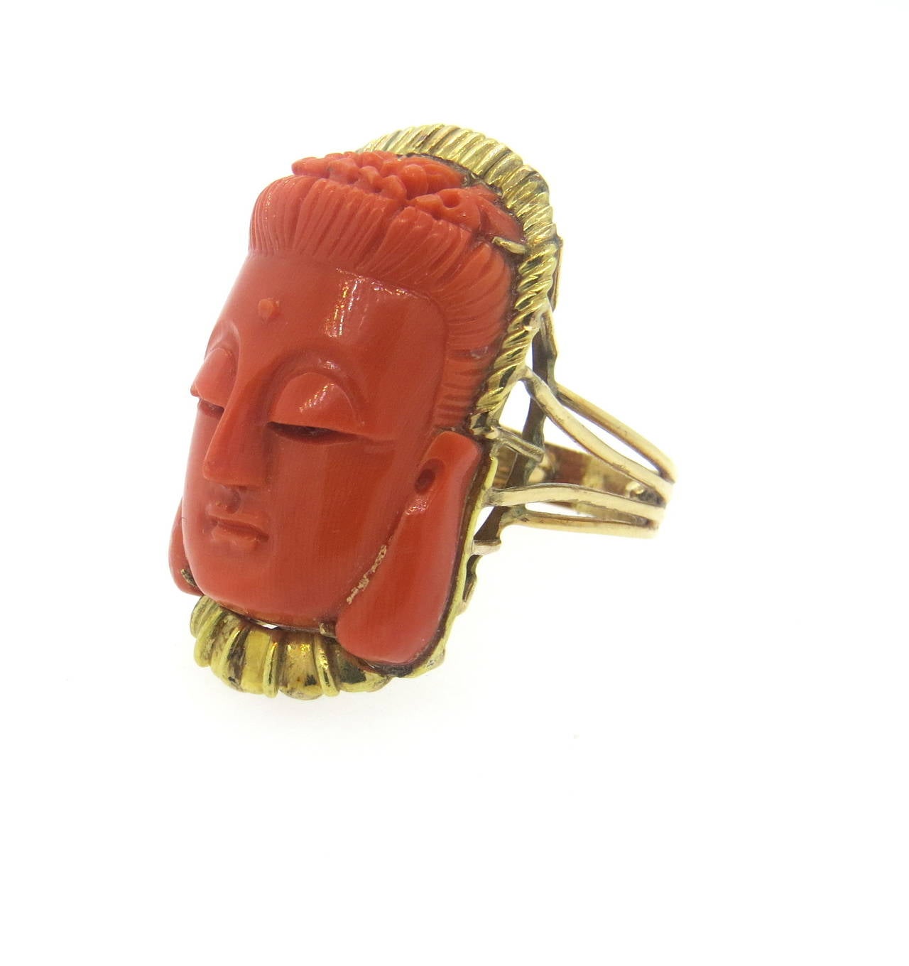 Large Carved Coral Gold Kwan Yin Ring In Excellent Condition In Lambertville, NJ
