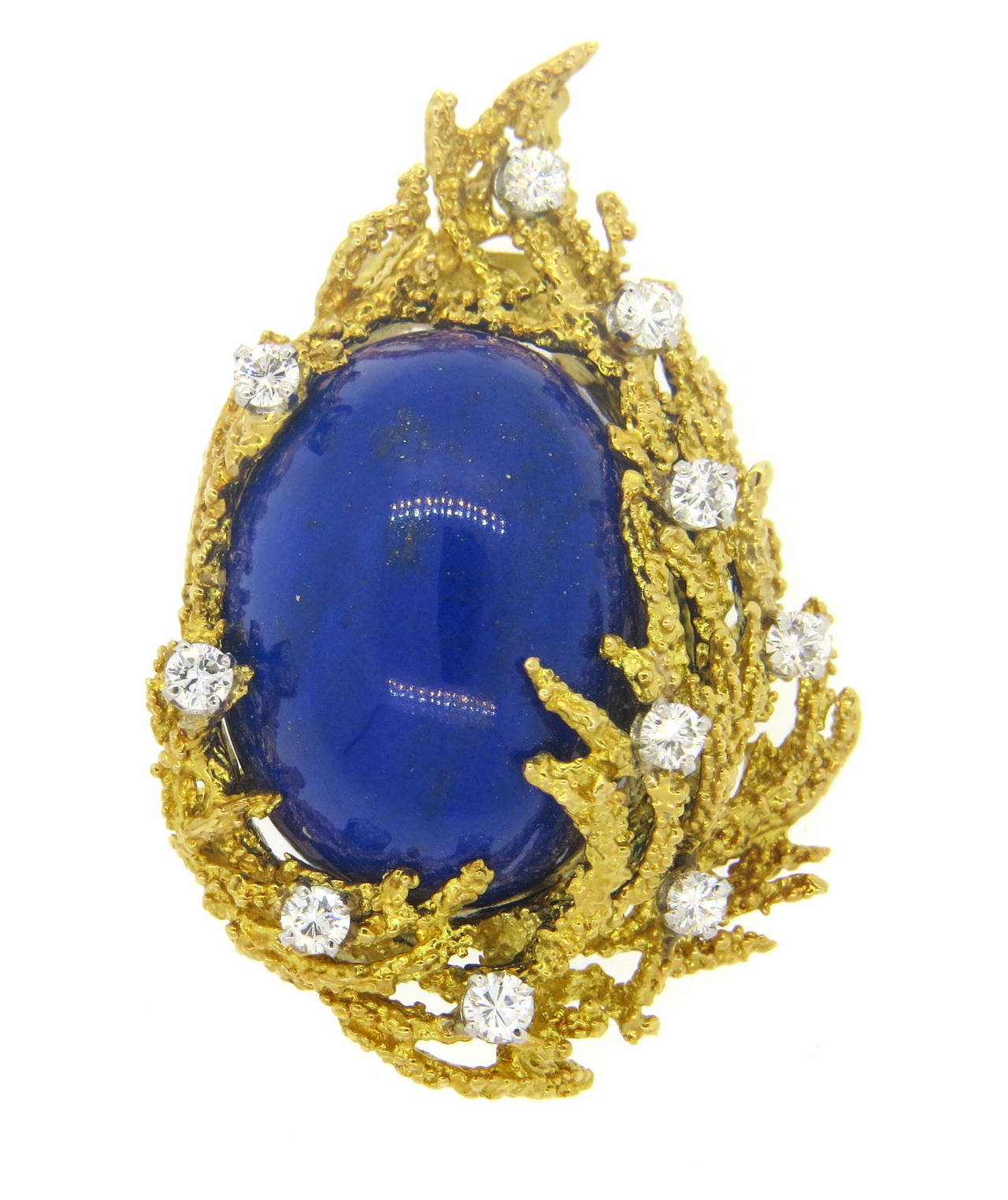 1970s Lapis Diamond Gold Brooch Pin