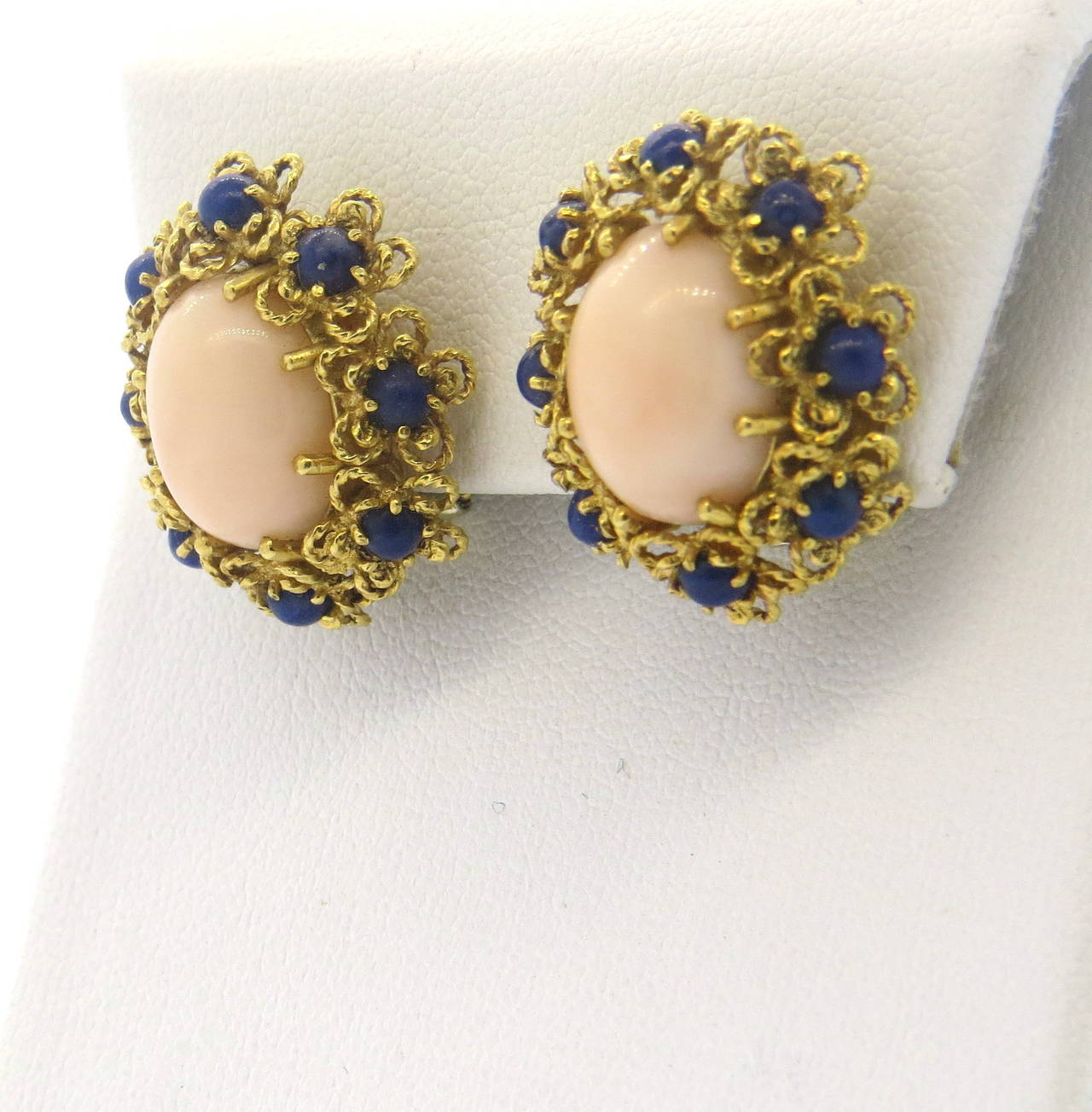 Women's 1960s Lapis Coral Gold Earrings