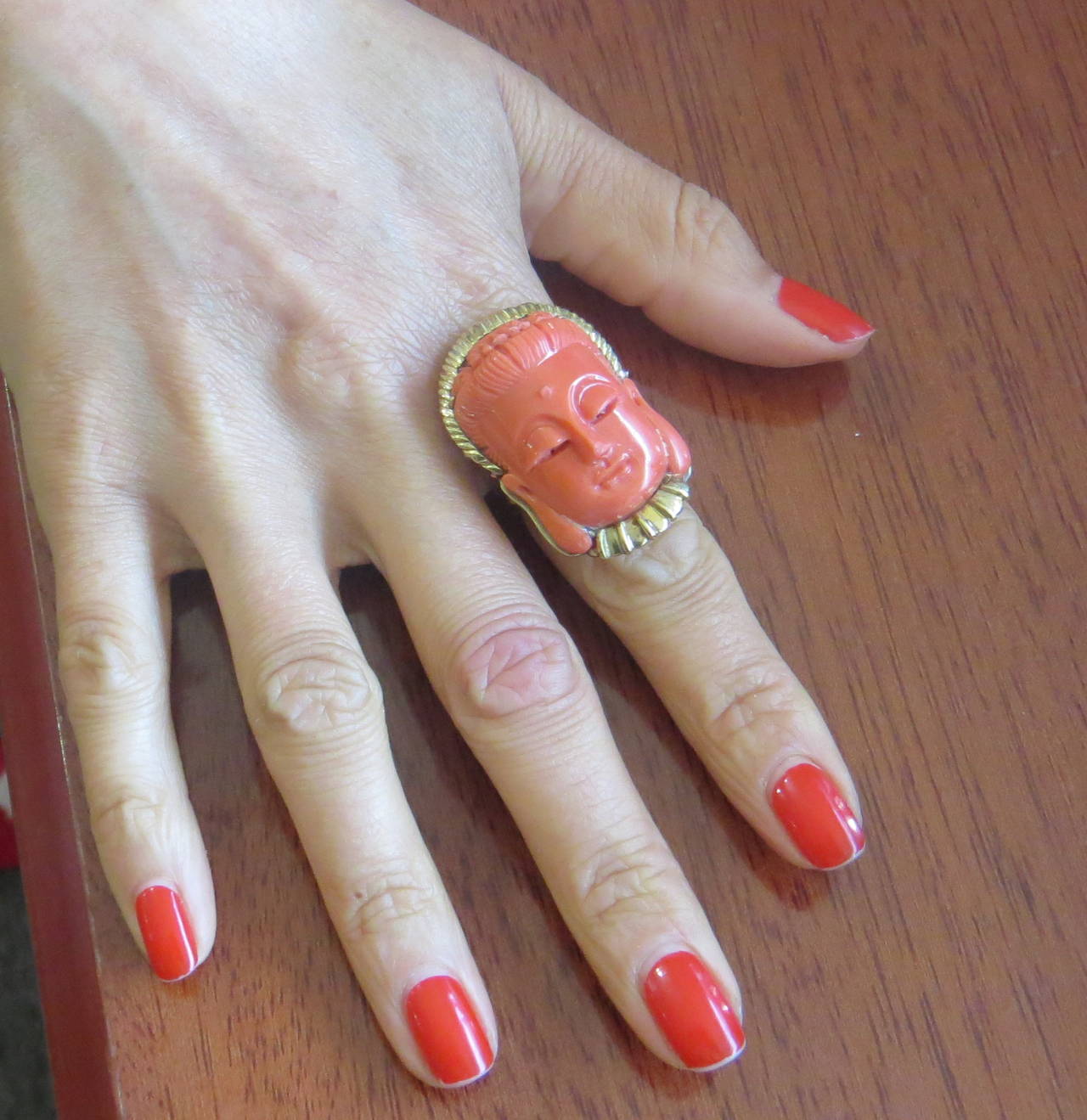 Women's Large Carved Coral Gold Kwan Yin Ring