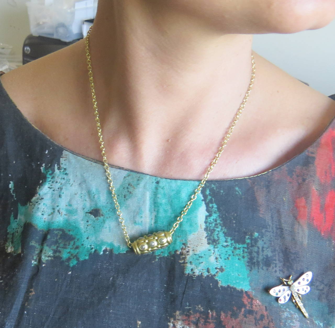 Women's Faye Kim Rough Diamond Gold Barrel Pendant Necklace