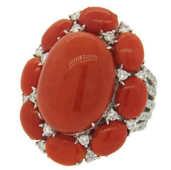 Large Coral Diamond Gold Ring