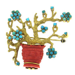 1970s Turquoise Coral Gold Brooch