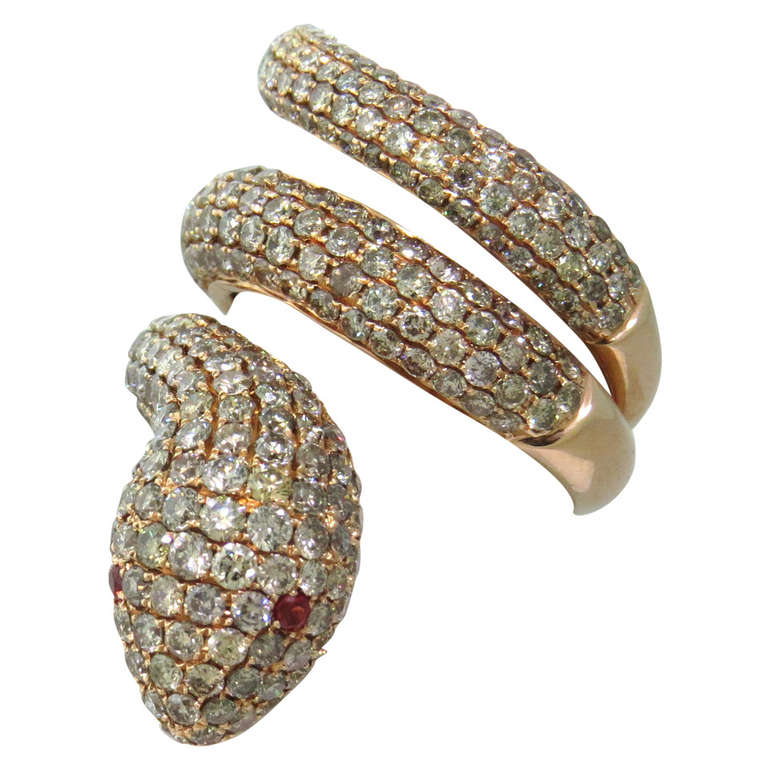 Modern Gold Fancy Diamond Ruby Snake Ring