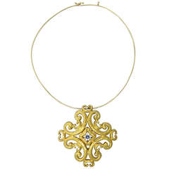 1970s Large Gold Diamond Sapphire Pendant Necklace