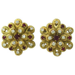 1960s Gold Diamond Ruby Cocktail Earrings