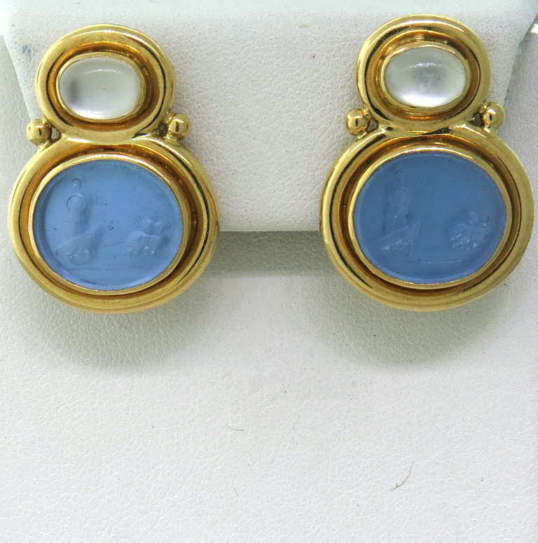 Elizabeth Locke 19k yellow gold earrings with intaglio venetian glass and moonstone cabochons,backed by mother of pearl. Earrings are 29mm x 21mm,collapsible posts. Marked with Locke hallmark and 19k. weight 20.2g