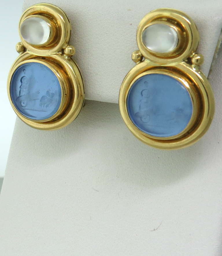 Elizabeth Locke Intaglio Venetian Glass Moonstone Gold Earrings In Excellent Condition In Lambertville, NJ