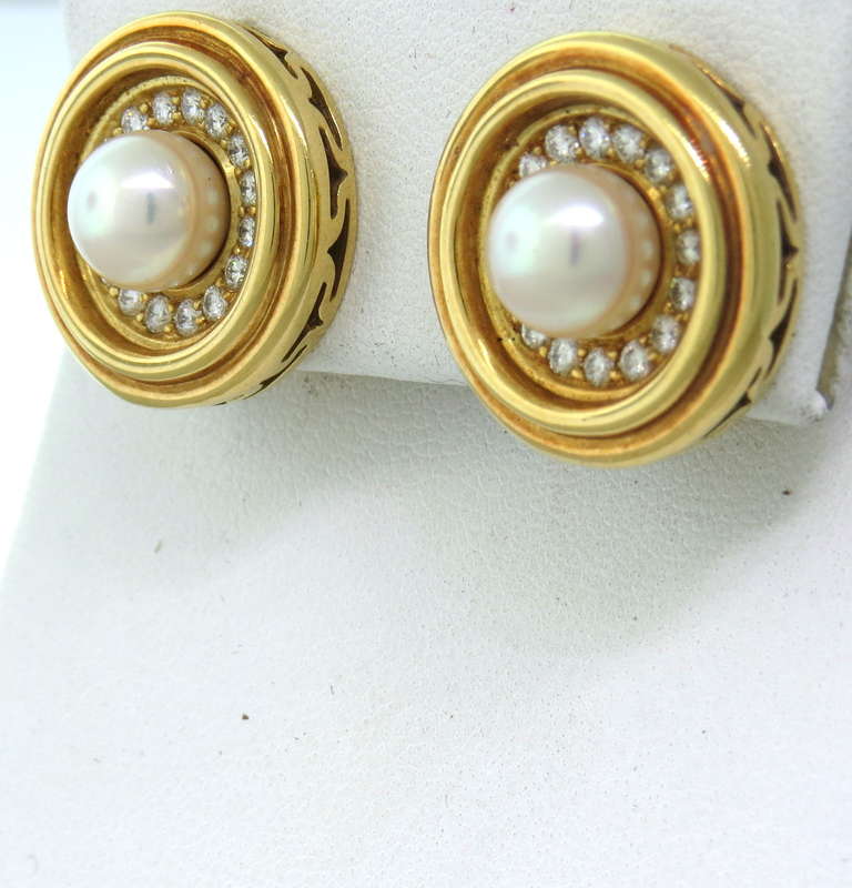 Metal: 18k Gold
Gemstones: Pearls - 8mm In Diameter, Diamonds - approx. 0.60ctw VS/G
Dimensions: Earrings are 19.5mm In Diameter
Weight: 19.9g