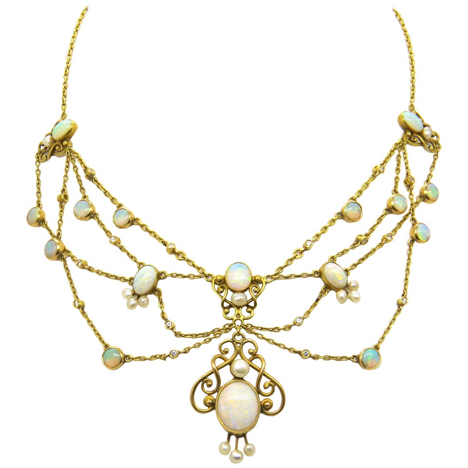 Antique Opal Pearl Diamond Gold Festoon Necklace at 1stDibs