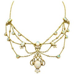 Antique Opal Pearl Diamond Gold Festoon Necklace