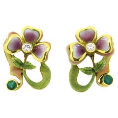 Adorable Plique A Jour Emerald Diamond Gold Flower Earrings