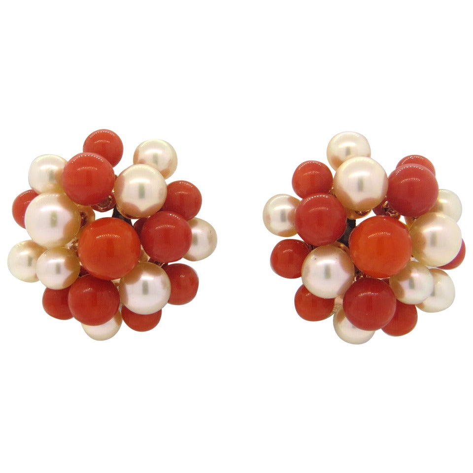 Beautiful Red Coral Pearl Gold Earrings