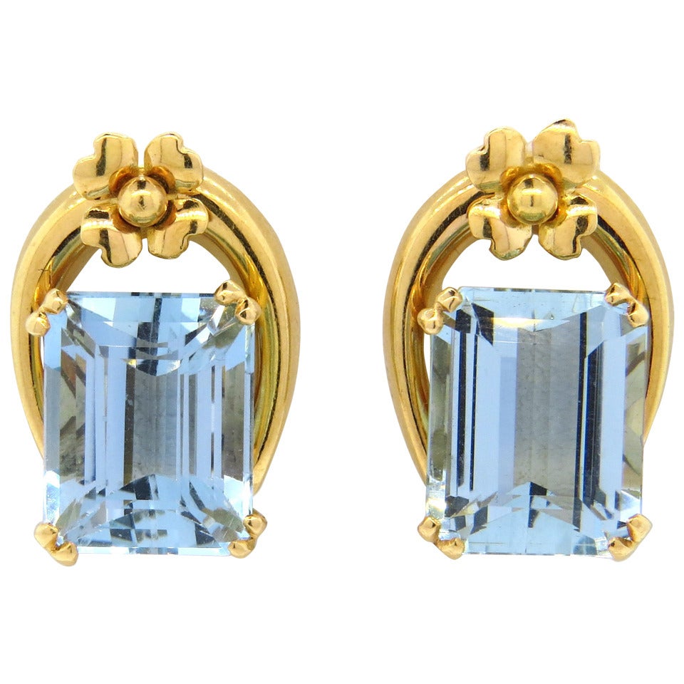 Mid-Century Aquamarine Gold Earrings