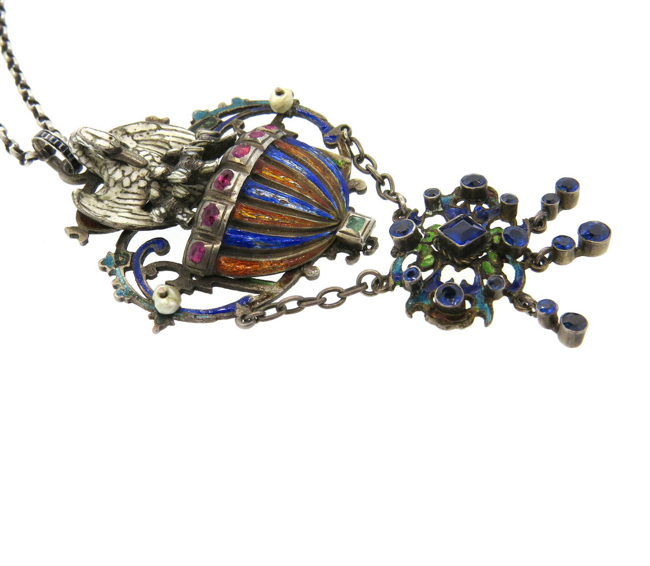 Women's Antique Austro-Hungarian Enamel Silver Pendant Necklace