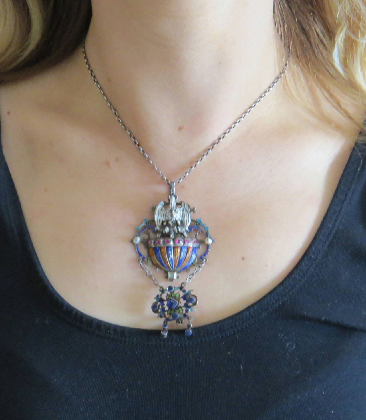 Antique Austro-Hungarian Enamel Silver Pendant Necklace In Excellent Condition In Lambertville, NJ