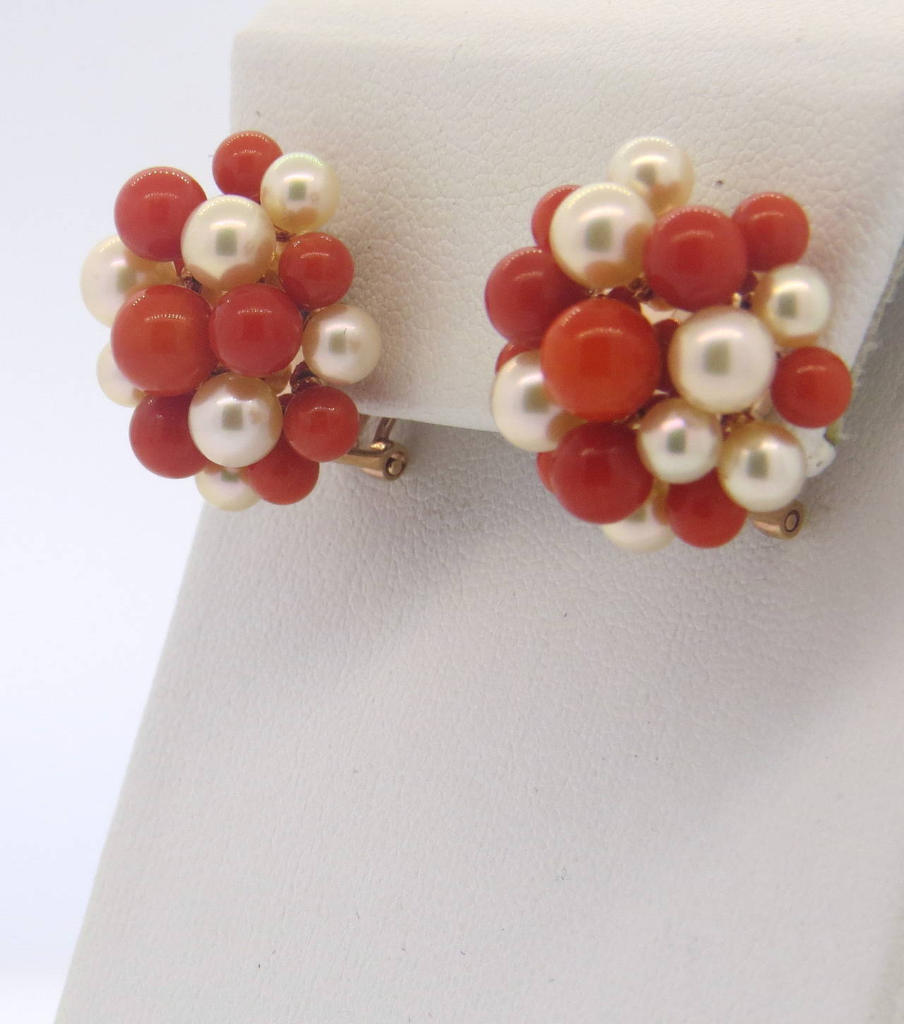 18k rose gold earrings, set with red corals and pearls. Earrings are 22mm x 18mm. Weight - 14.6 grams