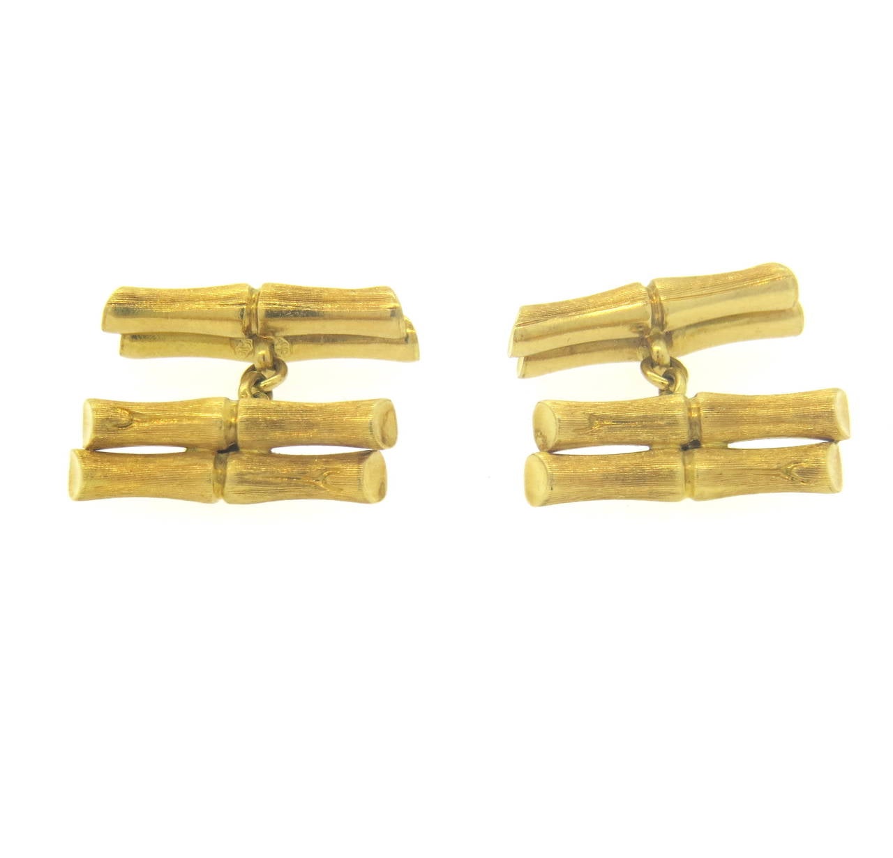 18k brushed gold cufflinks, featuring bamboo design. Each top measures 24mm x 7mm. Weight - 13.1 grams