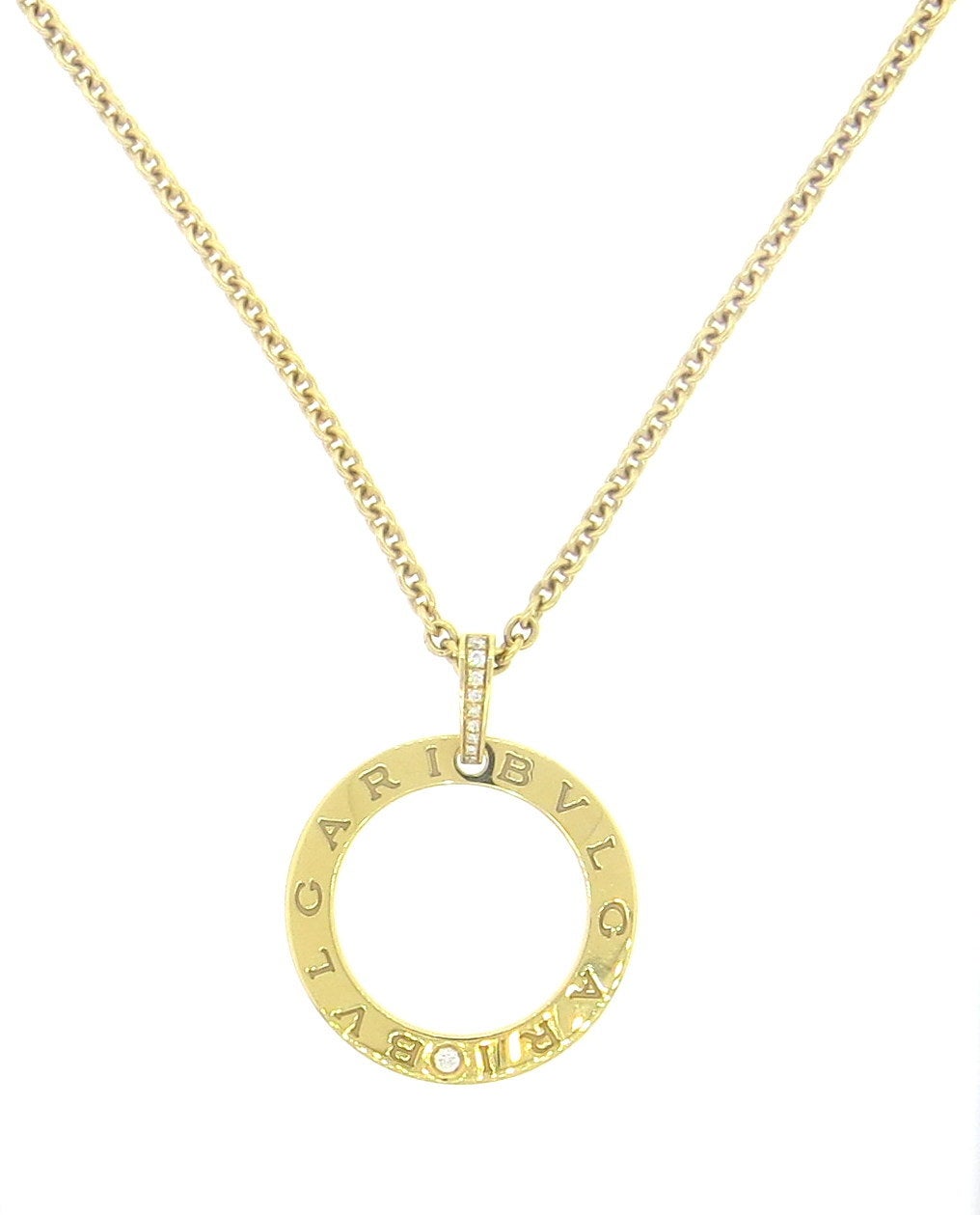 18k gold necklace with pendant, crafted by Bulgari, decorated with diamonds. Necklace is adjustable up to 22