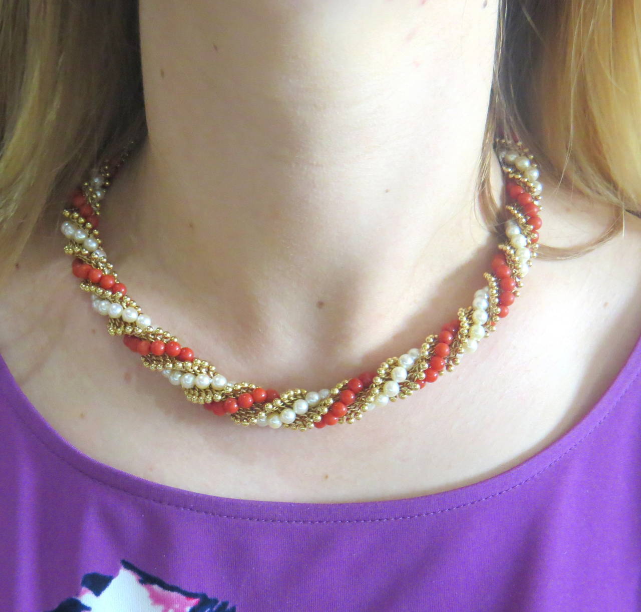 1960s Van Cleef & Arpels Pearl Coral Gold Bead Necklace 1