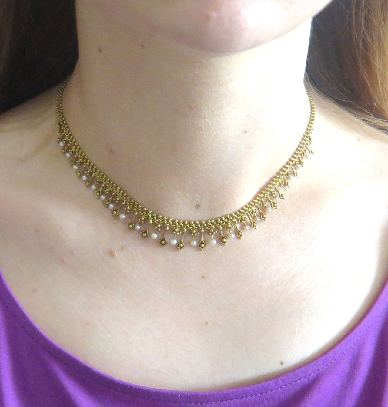 Antique Pearl Gold Fringe Necklace In Excellent Condition In Lambertville, NJ