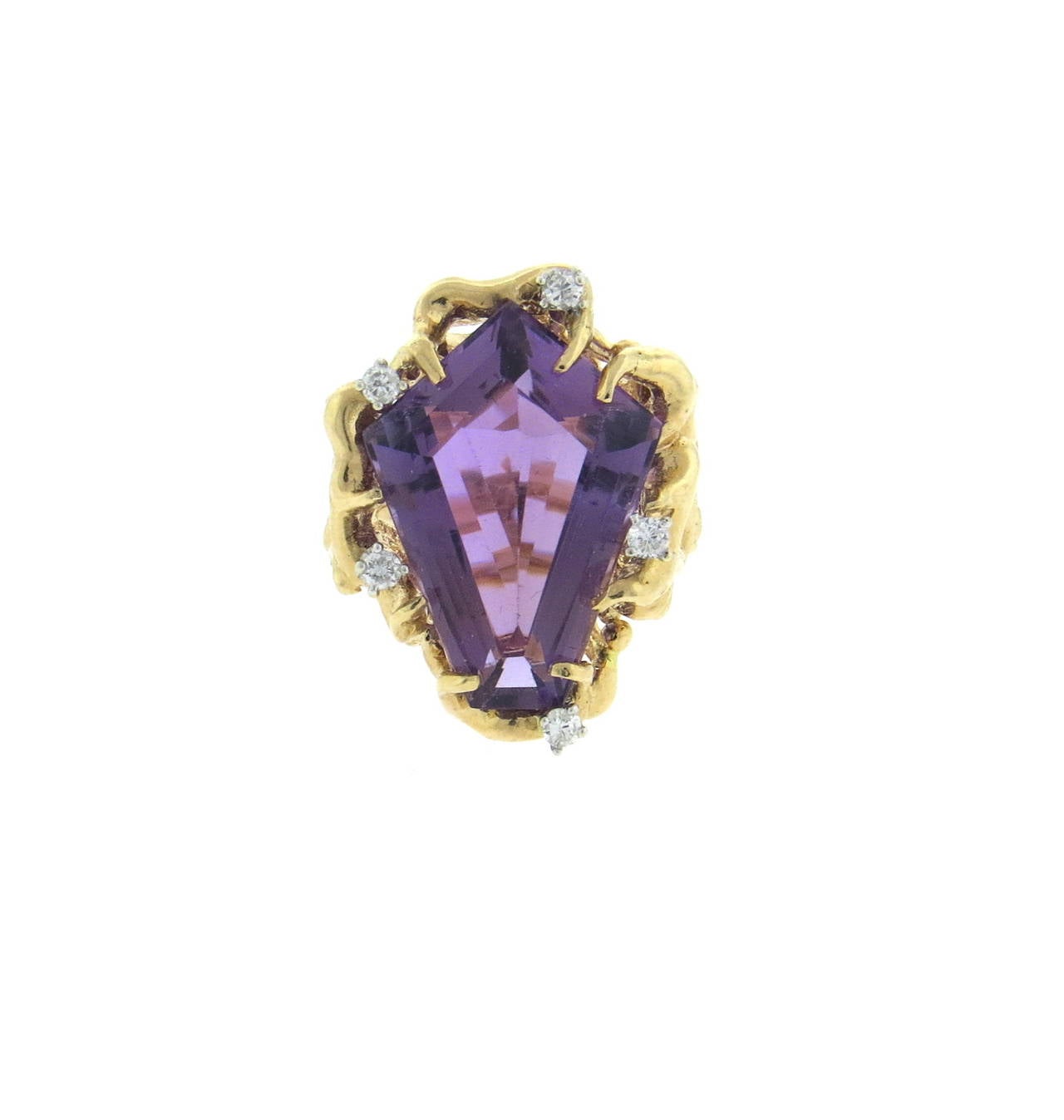 1970s 14k gold free form ring, set with amethyst gemstone, surrounded with five diamonds (approximately 0.25ctw) . Ring is a size 7 1/2, ring top is 27mm x 21mm. Weight of the piece - 16.4 grams