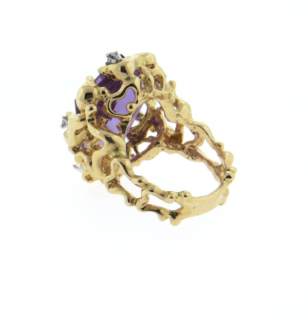 1970s Amethyst Diamond Free Form Gold Ring In Excellent Condition In Lambertville, NJ