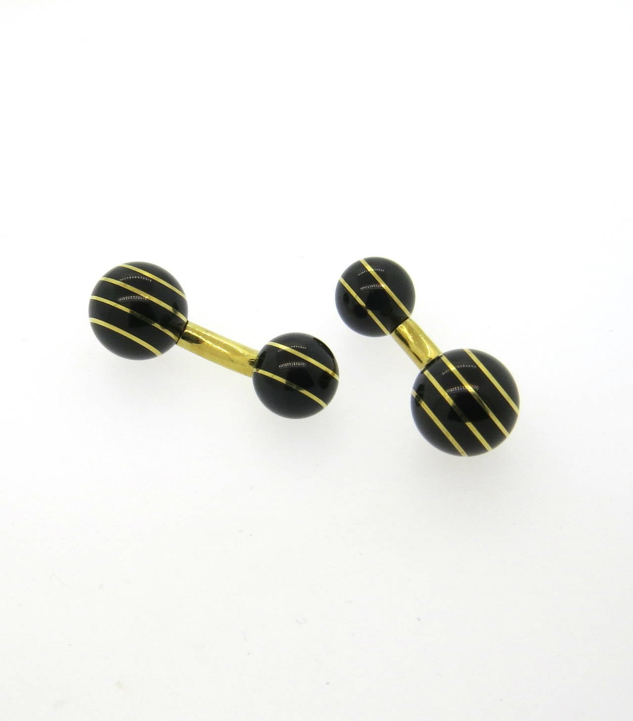 18k gold cufflinks, featuring black jade inlay balls. Balls measure 12mm (top) and 10mm (back) . Weight - 13.5 grams