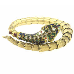 1950s Enamel Ruby Diamond Gold Snake Bracelet