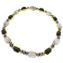 Fine Gold Onyx Iolite Chalcedony Diamond Necklace