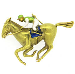 Enamel Gold Horse and Jockey Brooch Pin