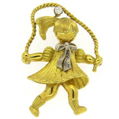 Whimsical Diamond Gold Girl Jumping Rope Brooch Pendant