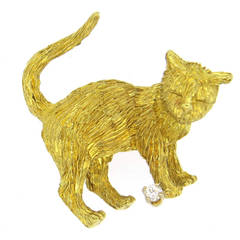 Whimsical Brushed Gold Diamond Cat Brooch