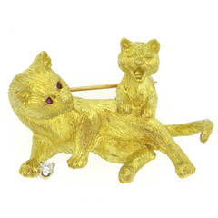 Whimsical Ruby Diamond Gold Cat Brooch Pin