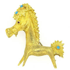 Vintage Whimsical Italian Ruby Turquoise Gold Donkey Brooch Pin